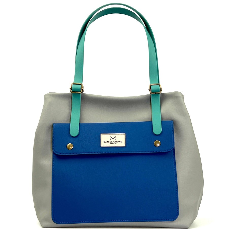 Daniel Chong Old School Shopper Gray Navy Pocket Aqua Handles Online