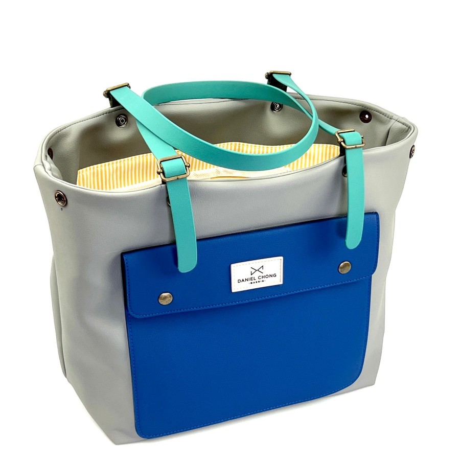 Daniel Chong Old School Shopper Gray Navy Pocket Aqua Handles Online